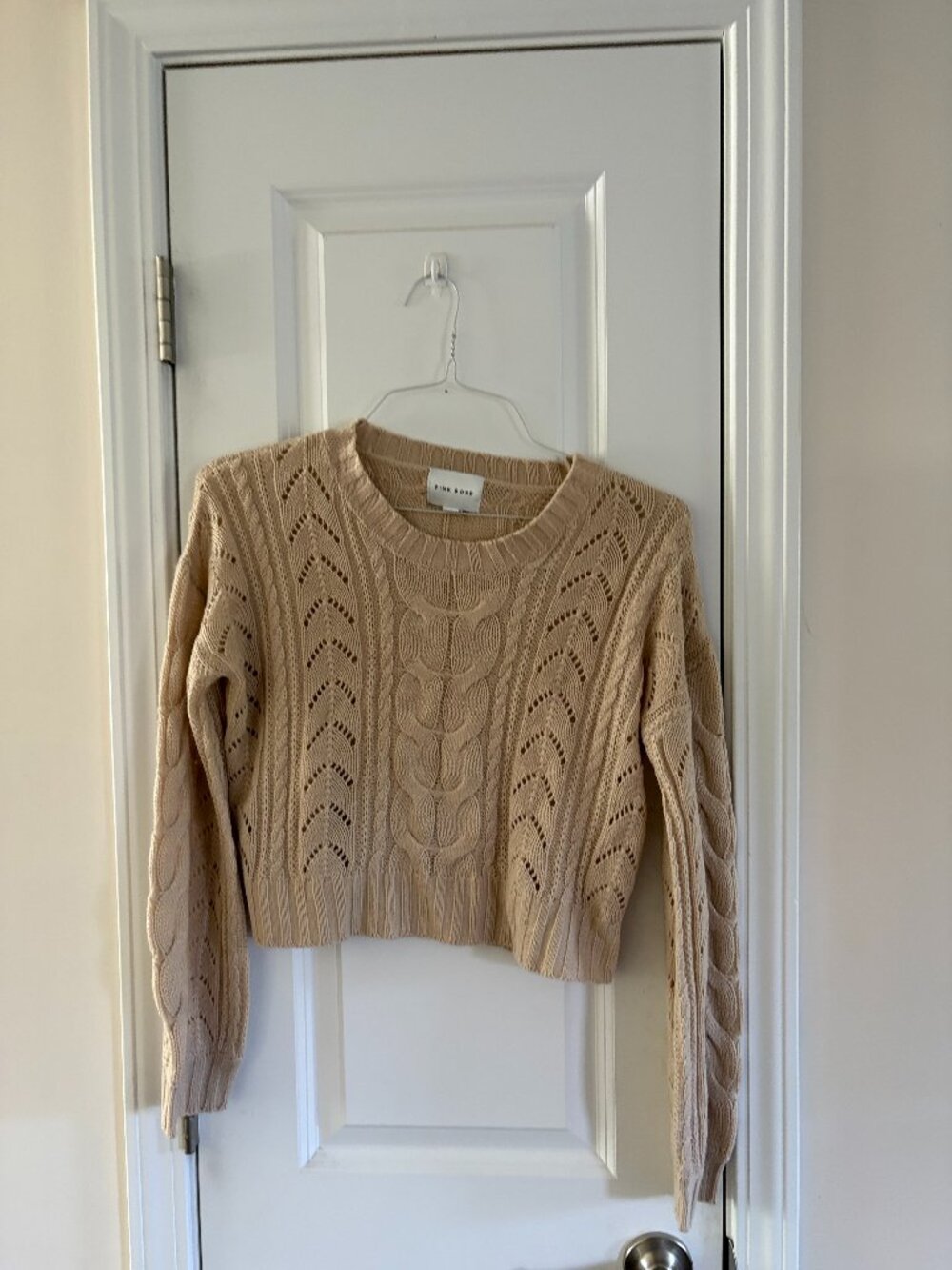 Pink Rose Tan Cable Knit Sweater, Beige Open Knit Crewneck Pullover